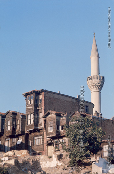 Habitat traditionnel en bois et argile, et minaret en arrière plan