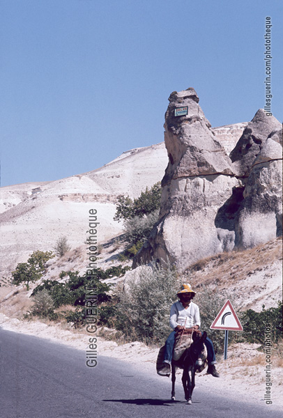 Touriste voyageant  dos d'ne sur une petite route