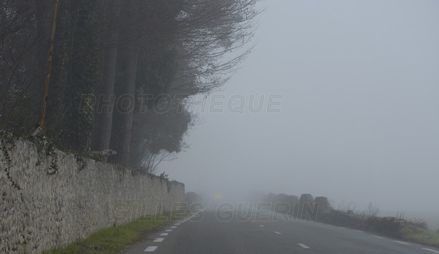 Ambiance - Route borde de vieux murs de pierre et dans le brouillard - 2016