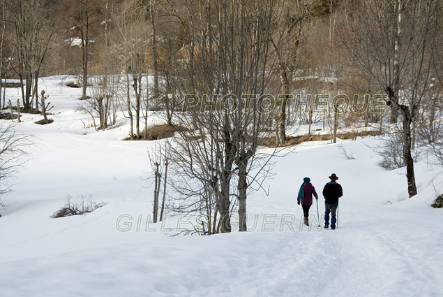 Couple de randonneurs dans un sous-bois  enneig du Parc National des Ecrins
